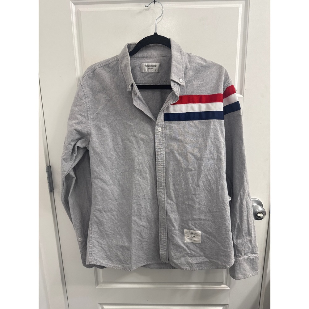 Thom Browne Mens Grey Cotton Oxford RWB Stripe‎ Button Down Shirt small